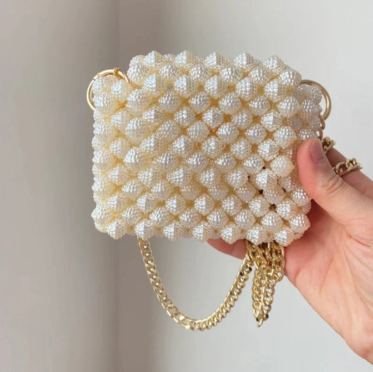 Waterproof Trendy Argyle Princess Pearl & Rhinestone Beaded Pearl Bag